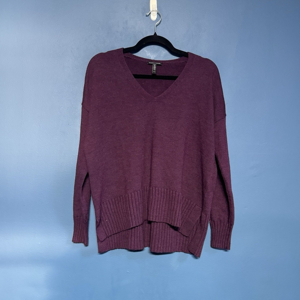 Eileen‎ Fisher Merino Wool Sweater Women's Size XS Purple V Neck Knit Classic